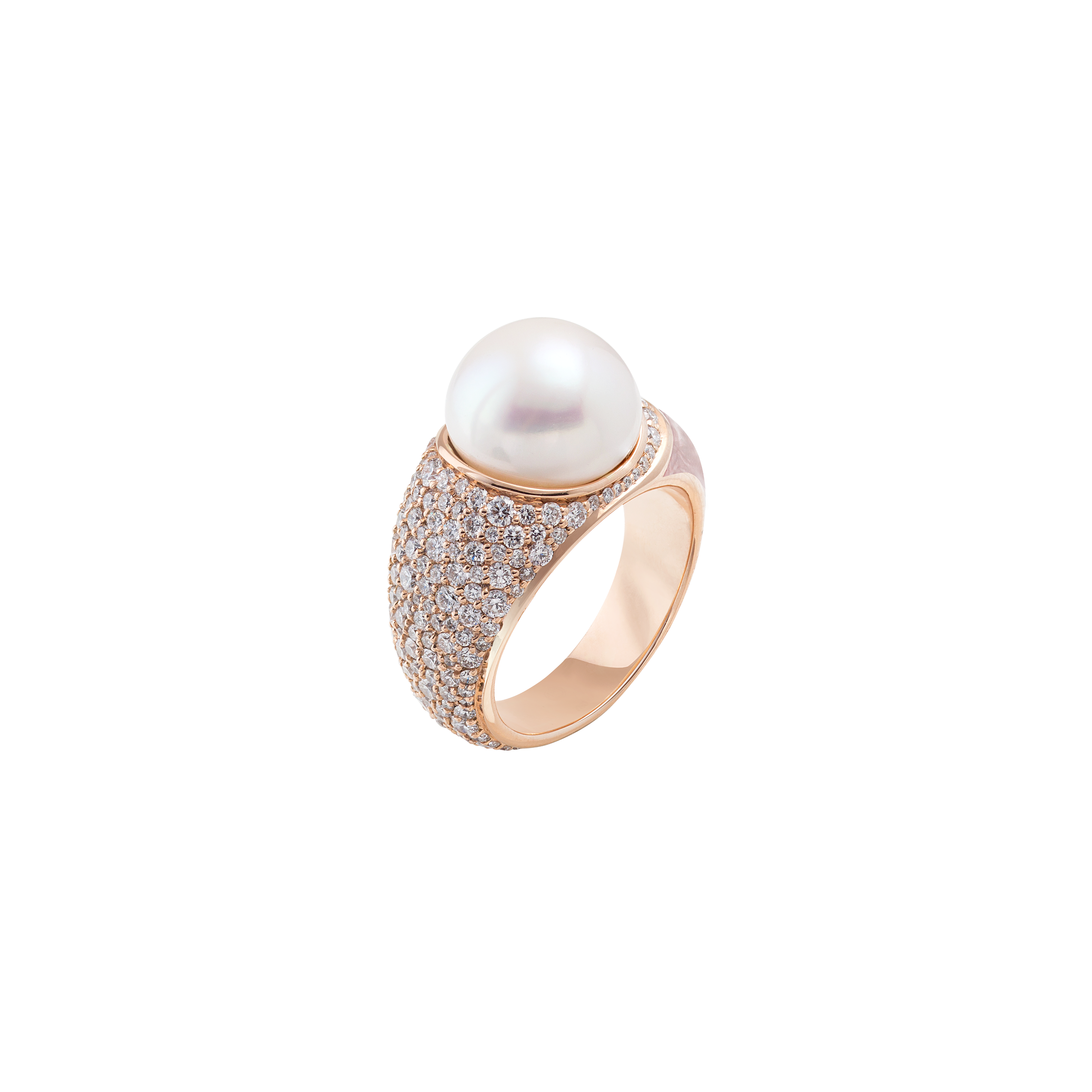 Ring in 18K yellow gold with VS-G diamonds and  White Pearl